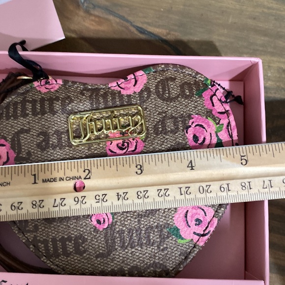 Juicy Couture Brown Pink Floral Heart Wristlet with Black Pom Pom Keychain - Picture 7 of 9
